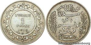 R9103 Tunisia 1 Franc Muhammad al-Nasir Bey AH 1335 1916 A Paris Silver ->Offer