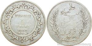 R9104 Tunisia 1 Franc Ali Bey AH 1309 1892 A Paris Silver -> Make offer