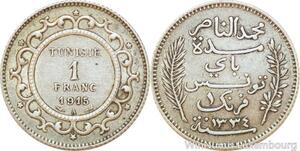 R9105 Tunisia 1 Franc Muhammad al-Nasir Bey AH 1334 1915 A Paris Silver ->Offer