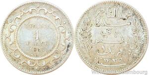 R9106 Tunisia 1 Franc Muhammad al-Nasir Bey AH 1335 1917 A Paris Silver AU