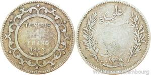 R9107 Tunisia 1 Franc Ali Bey AH 1309 1892 A Paris Silver -> Make offer