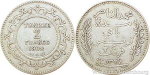 R9109 Tunisia 2 Francs Muhammad al-Nasir Bey AH 1326 1908 A Paris Silver ->Offer
