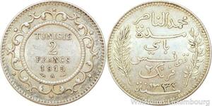 R9110 Tunisia 2 Francs Muhammad al-Nasir Bey AH 1334 1915 A Paris Silver AU