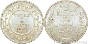 R9111 Tunisia 2 Francs Muhammad al-Nasir Bey AH 1334 1916 A Paris Silver AU UNC
