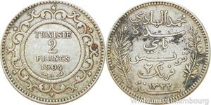 R9112 Rare Tunisia 2 Francs Muhammad al-Hadi Bey AH 1322 1904 A Paris Silver