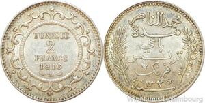R9113 Tunisia 2 Francs Muhammad al-Nasir Bey AH 1335 1916 A Paris Silver AU