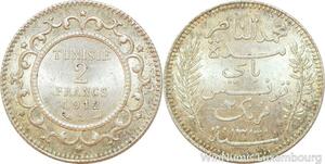 R9114 Tunisia 2 Francs Muhammad al-Nasir Bey AH 1330 1912 A Paris Silver UNC