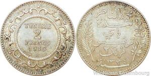 R9115 Tunisia 2 Francs Muhammad al-Nasir Bey AH 1334 1915 A Paris Silver ->Offer