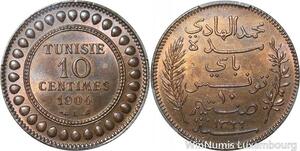 R9127 Rare Tunisia 10 Centimes Muhammad al-Hadi Bey 1904 A Paris PCGS MS62 RB