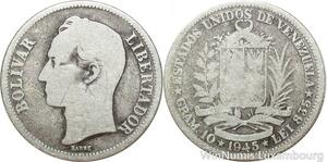 R9388 Venezuela 2 Bolivar Libertador 1945 P Philadelphia Silver -> Make offer