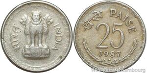 R9393 India Republic 25 Naye Paise Asoka lion pedestal 1987 -> Make offer