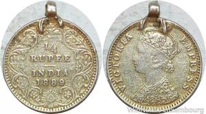 R9395 British India 1/4 Rupee Victoria 1889 B Bombay Silver -> Make offer