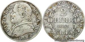 R9413 Vatican Papal States 2 Lire Pius IX 1867 R Roma Silver -> Make offer