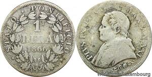 R9414 Vatican Papal States 1 Lira Pius IX 1866 R Roma Silver -> Make offer