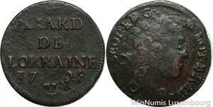 R9497 Fautée Duché Lorraine Liard Leopold 1728 Nancy frappée sur autre monnaie
