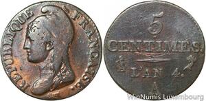 R9538 Rare 5 Centimes Dupré Petit Module an 5 A Paris 1796 -> Make offer