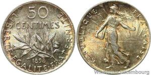 R9559 Rare 50 Centimes Semeuse Argent 1898 BU UNC -> Make offer
