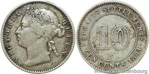 R9660 Malaysia Straits Settlements 10 Cents Victoria 1884 Crosslet Silver >Offer