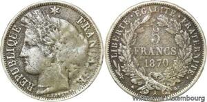 R9703 Faux d'époque France 5 Francs Cérès Légende 1870 A Paris Argent Bas titre
