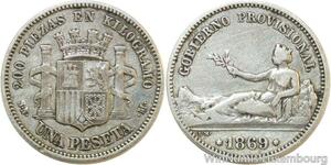R9902 Spain Un Peseta Provisional Government 1869 SN M Madrid Silver