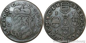 R9932 Rare Feodal Netherlands Liège 2 Liards Jean-Théodore de Bavière 1751