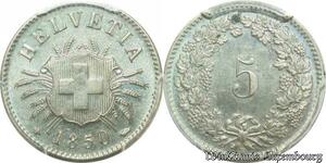 S1097 Rare Switzerland Swiss 5 Rappen 1850 BB Strasbourg PCGS MS64 Silver