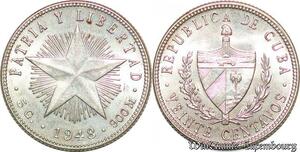 S5170 Cuba Veinte 20 Centavos 1948 UNC MS ! Argent Silver - Faire Offre