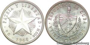 S5171 Cuba Veinte 20 Centavos 1948 UNC MS ! Argent Silver - Faire Offre