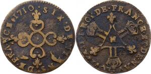 O2841 Rare R2 6 Deniers des DArdennes Louis XIV 1710 H La Rochelle ->Make offer