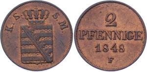 O2931 German States 2 Pfennige Sachsen Friedrich August II 1848 F AU Superbe