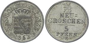 O2959 German States Saxony-Albertine 1/2 Neu Groschen 5 Pfenning Friedrich August II 1853 F UNC