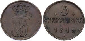 O2964 German States Mecklenburg-Schwerin Friedrich Franz II 3 Pfenninge 1845