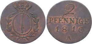 O2967 Prussia German States 2 Pfennige Friedrich Wilhelm III 1810 A AU !!