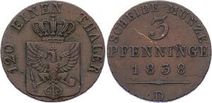 O2986 German States Prussia Friedrich Wilhelm III 3 Pfennig 1838 AU