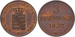 O2987 German States Sachsen 3 Pfennige Friedrich August II 1837 UNC !!