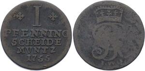 O3001 Germany Brunswick Hannover 1 Pfenning George II 1755 KM# 204.1