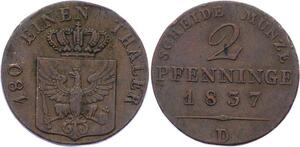 O3058 Germany Prussia 2 Pfenninge Friedrich Wilhelm III 1837 D KM# 406 XF ++