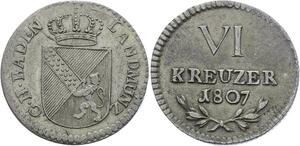 O3128 Scarce Germany Baden 6 Kreuzer Karl Ludwig Friedrich 1807 silver KM#140