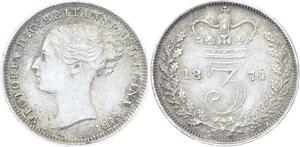 O3231 Great Britain 3 Pence Victoria 1st portrait 1874 Silver UNC ->Make offer