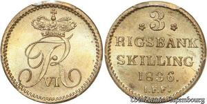 S7728 Very Rare ! Finest Denmark 3 Rigsbankskilling 1836 IFF PCGS MS65