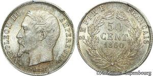 S7959 Très Rare ! Finest50 Centimes Napoléon I 1860 BB PCGS MS64 FDC