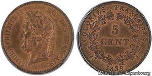 S7973 Rare French Colonies 5 Centimes Louis-Philippe 1839 PCGS MS65