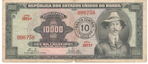 Brazil Banknote 10 Cruzeiros Novos 1967 C125 / P-189b Serial 1071 N. 006758