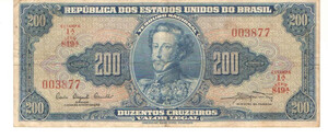 Brazil Paper Money Banknote 200 Cruzeiros C041 Serial 849 N003877