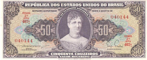Brazil Banknote 50 Cruzeiros - 1955 - C091 / P-161b - Serial 407 N.040144