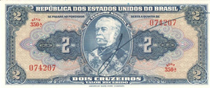 2 Cruzeiros 1944 Banknote Brazil - C014 / P-133a UNC Serial 350 N. 074207