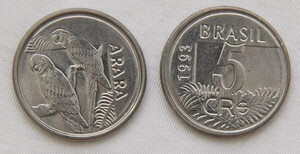 Coin 5 Cruzeiros Reais 1993 Arara Brazil eb042