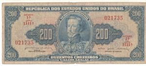 Brazil Banknote 200 Cruzeiros C042 / P-171b - 1964 Serial 1111 N021735