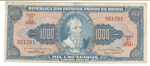 Banknote 1000 Cruzeiros Brazil 1963 C056 - P-173c Serial 3794 n. 051791