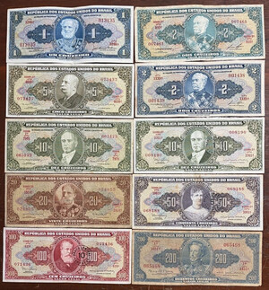 Lot of 10 Brazilian Banknotes - Old Brazilian Banknotes - Cruzeiros - 013135